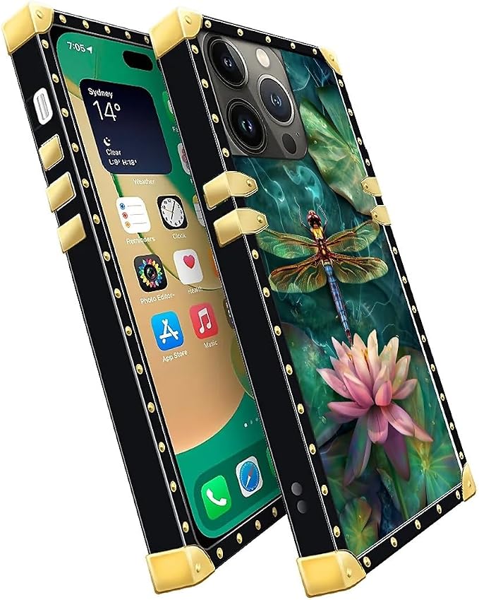 Compatible with iPhone 14 Pro Max Case, Colourful Dragonfly Pink Lily Pads - Image 3