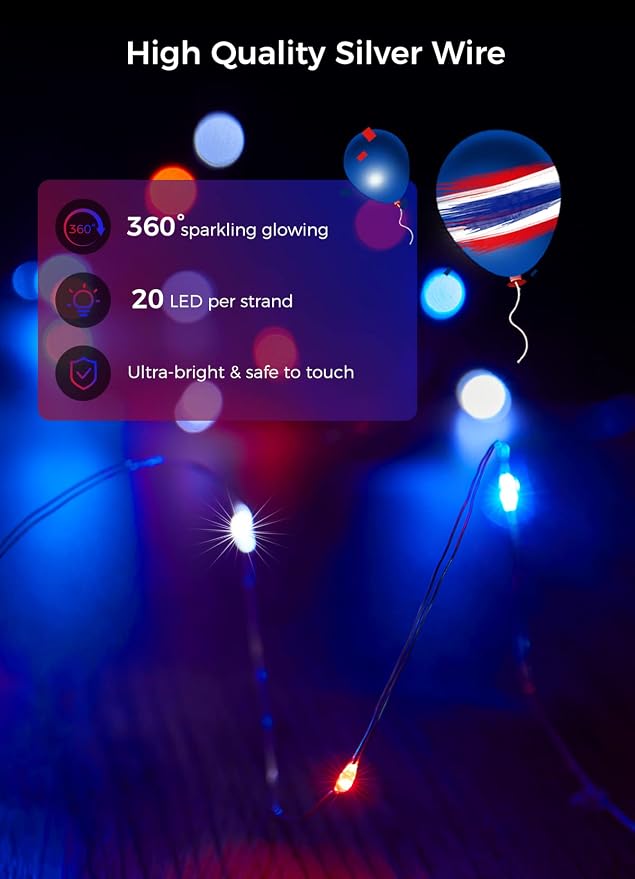 Brightown 4th of July Decor Patriotic Fairy Lights, 7 FT. Silver Wire Red White - Image 5