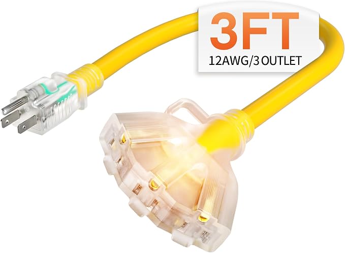 3 ft 12 Gauge Heavy Duty 3 Outlet Extension Cord Splitter by Deeklify