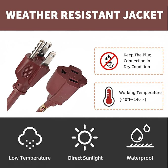 10FT Brown Outdoor Extension Cord-16/3 SJTW Durable Extension Cord - Image 6