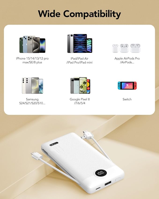 VRURC Portable Charger with Cables and Wall Plug | Power Bank with Cords | - Image 7