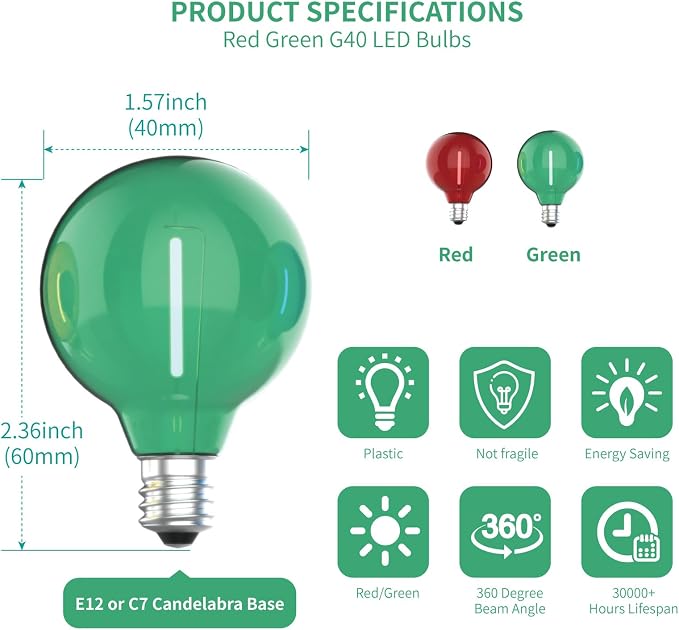 Meconard G40 Colored LED String Light Bulbs, Shatterproof LED 1 Watt Globe - Image 2