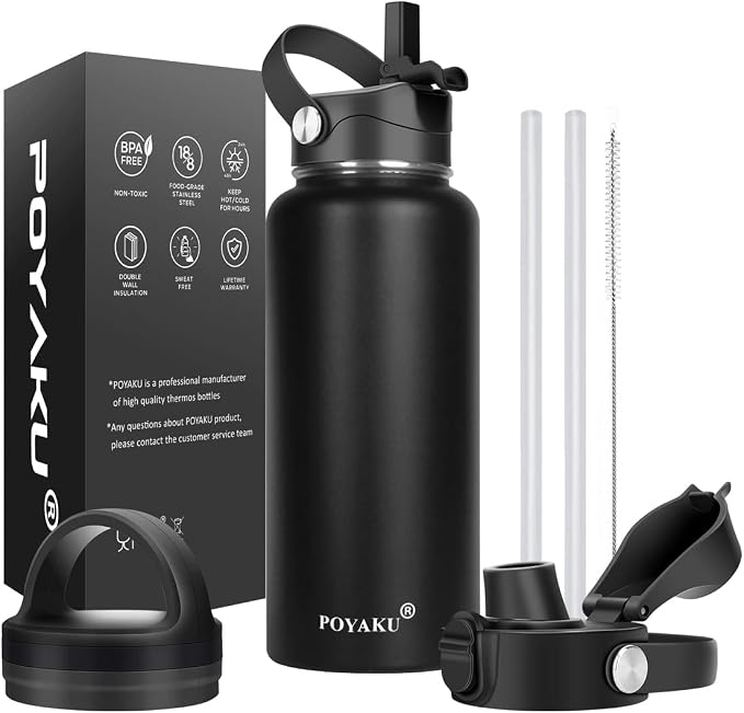 Water Bottle Insulated 32oz 40oz 64oz 128oz Straw Lid Spout Lid & 3 Lids by POYAKU