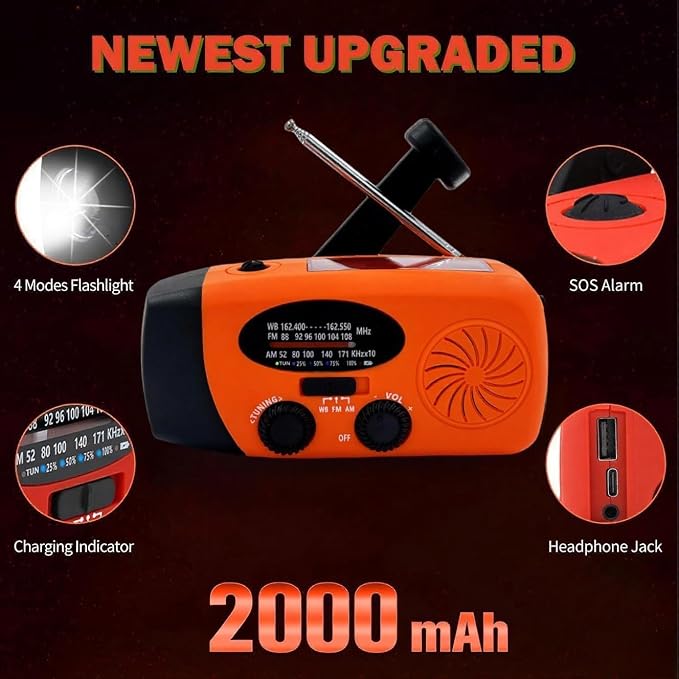 7400mWh Weather Emergency Radio, Portable Solar AM/FM/NOAA Hand Crank Radio - Image 3