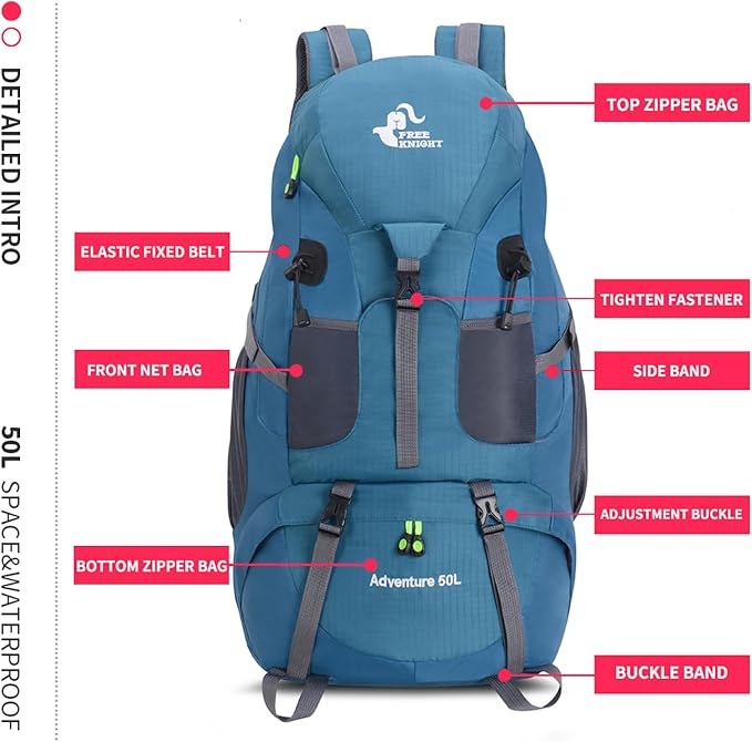 Bseash 50L Hiking Backpack, Water Resistant Lightweight Outdoor Sport Daypack - Image 3