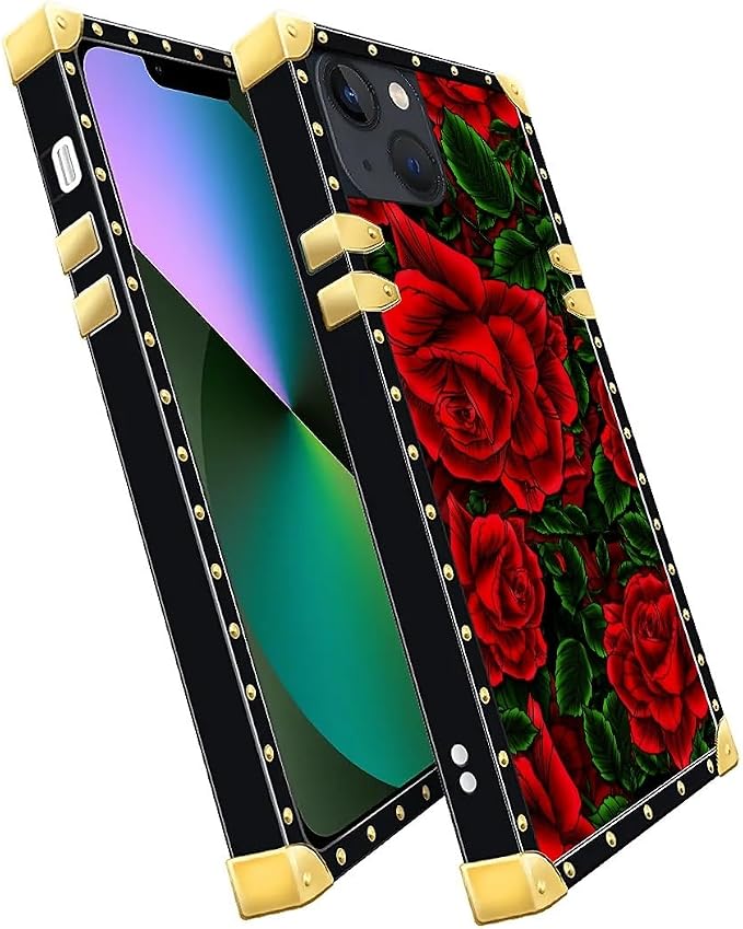 Compatible with iPhone 13 Case, Vector Red Rose Green Leaf Luxury Golden - Image 3