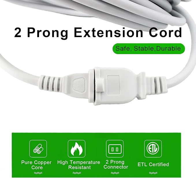 White Outdoor Waterproof 2 Prong Extension Cord 100 FT Heavy Duty ETL Listed - Image 2