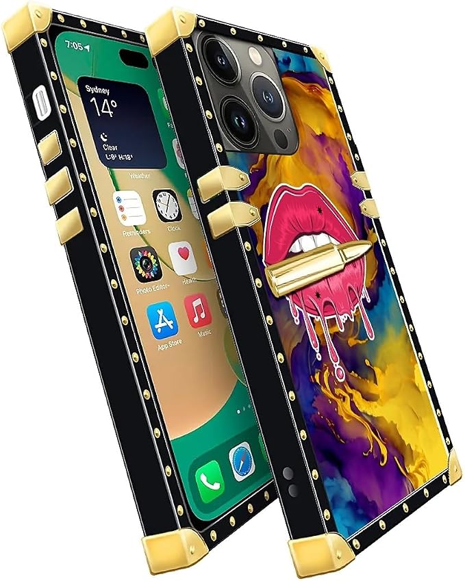 Compatible with iPhone 14 Pro Max Case, Cool Corlorful Lip Marble Luxury Golden - Image 3
