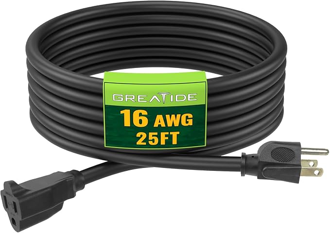 Indoor Outdoor Extension Cord 25 FT, 16/3 SJTW Weatherproof Black Electrical by GREATIDE