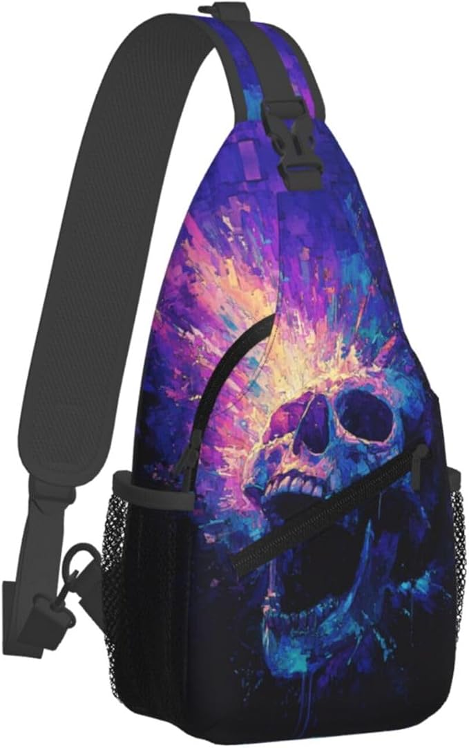 Trippy Skull Sling Bag Crossbody Travel Hiking Chest Backpack Shoulder Daypack - Image 2
