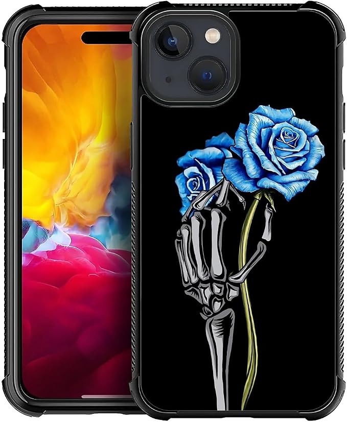 for iPhone 15 Case, Skeleton Holding Blue Rose Pattern Graphic Design Girl Boy by FKBRCL4U