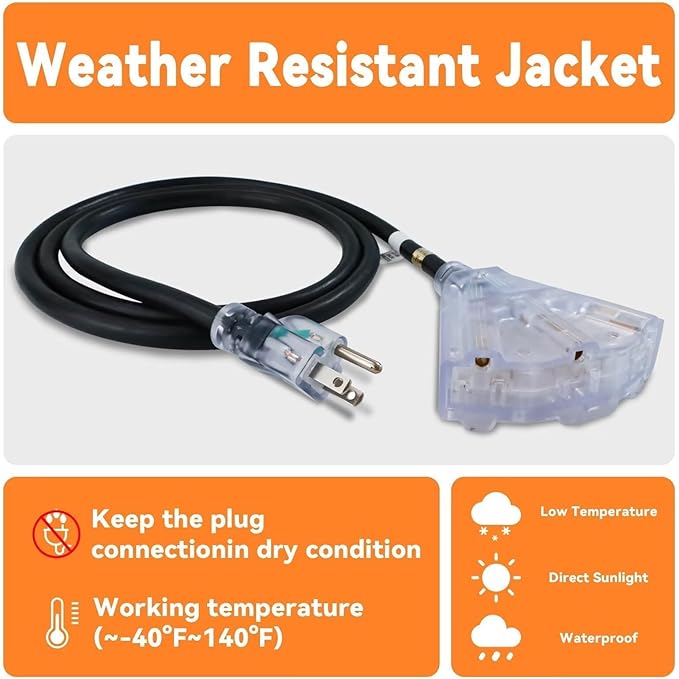EP 6 Ft 12 Gauge Heavy Duty Extension Cord, 15A 125V 1875W, 3 Outlet - Image 5