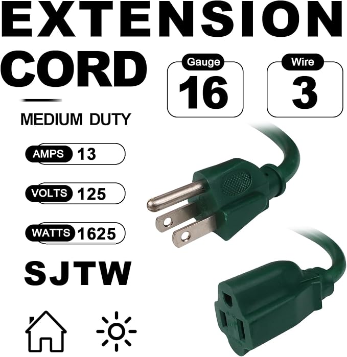 EP 10FT Green Outdoor Extension Cord, 16/3 SJTW Heavy Duty Waterproof, 3 Prong - Image 2
