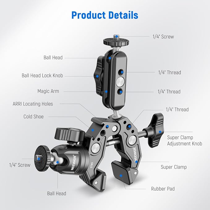 NEEWER Super Clamp with 3" Dual Ballhead Magic Arm, Ball Head Adapter, Cold Shoe - Image 6