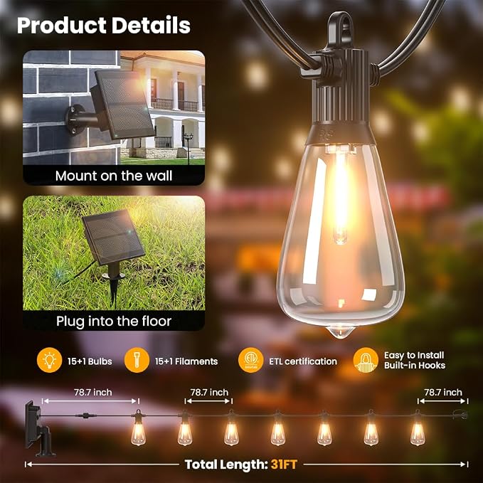 31FT Solar String Lights Outdoor Waterproof IP65 - Image 2