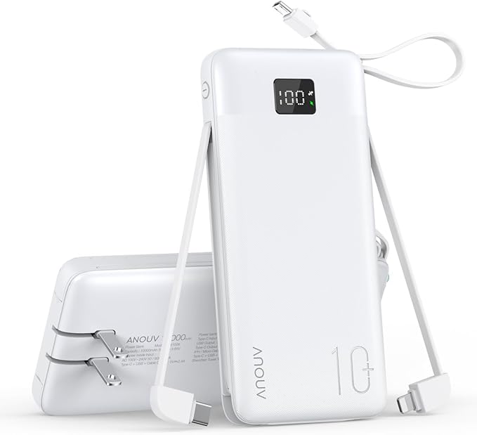 Portable Charger Built-in Cables and AC Wall Plug, 10000mAh 22.5W PD Fast by ANOUV