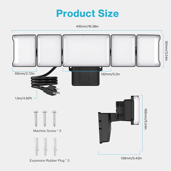 Olafus 130W Flood Lights Outdoor Plug in, 13000LM LED Security Light, 6500K - Image 8