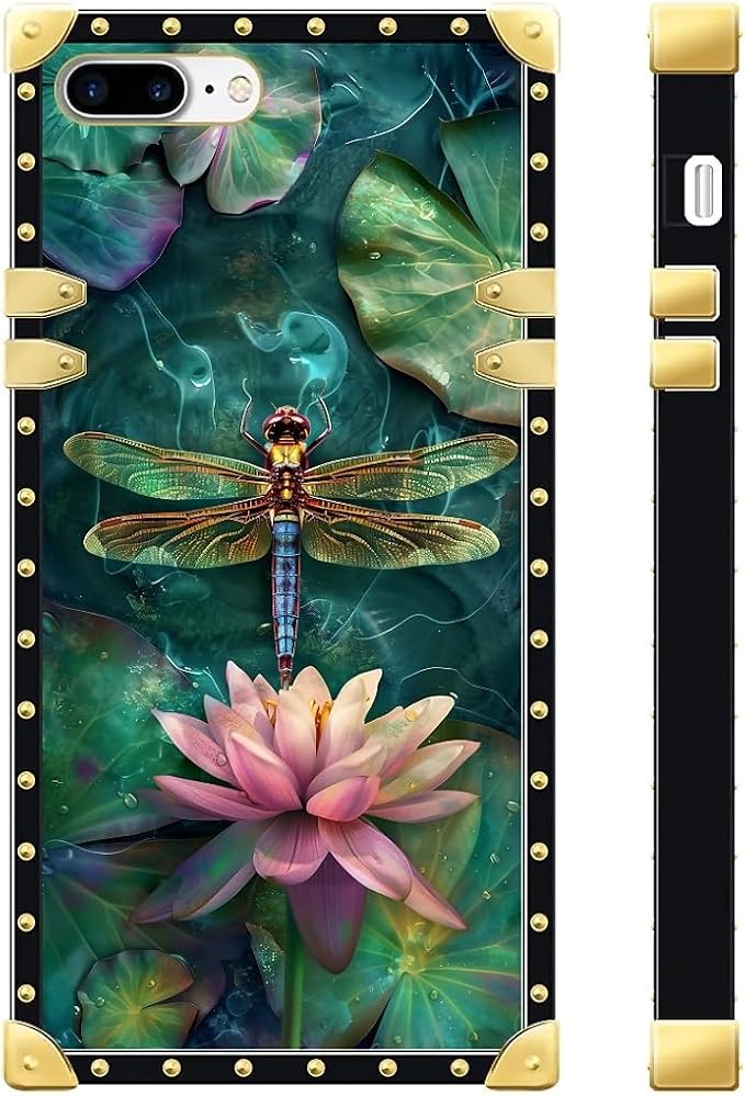 Compatible with iPhone 8 7 SE Case, Colourful Dragonfly Pink Lily Pads Luxury - Image 2