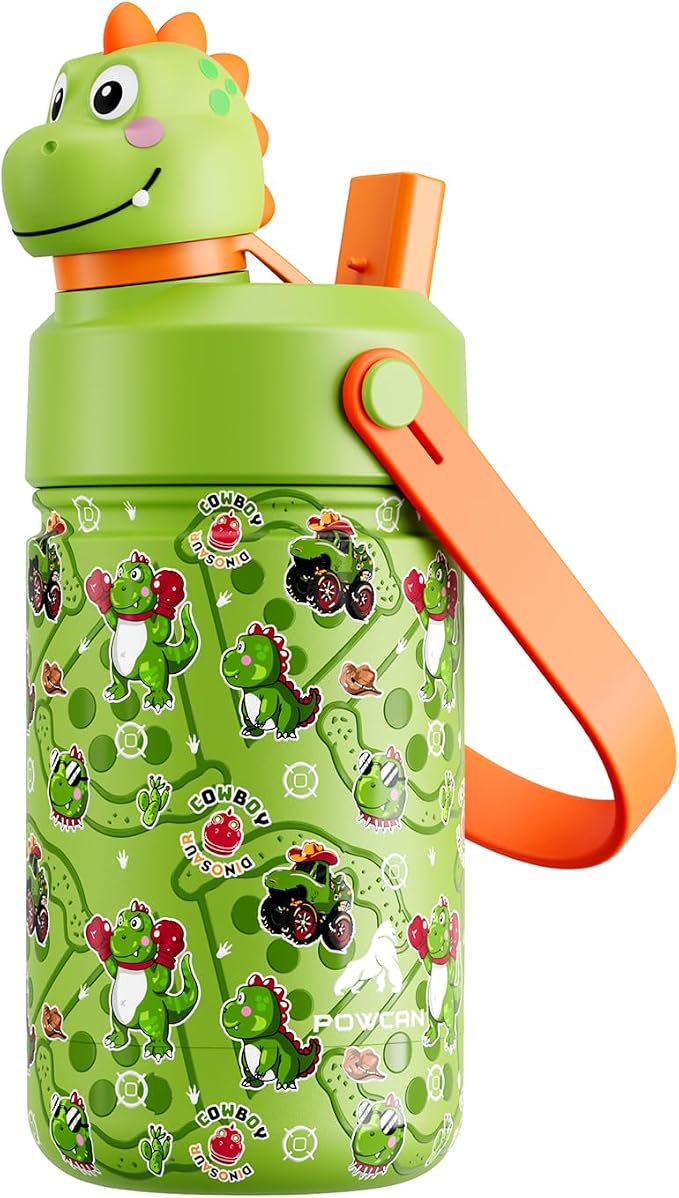 POWCAN 12 oz Kids Stainless Steel Water Bottle: 2-in-1 Straw Spout Lid by POWCAN