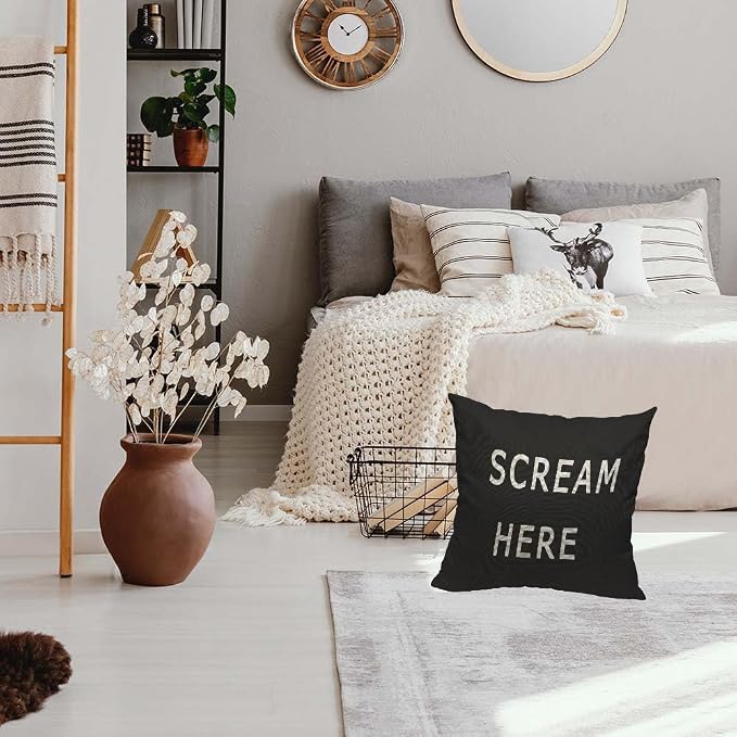 TKS MITLAN Scream Here Pillow Cover 18x18 inch Black White Phrase Pillows - Image 3