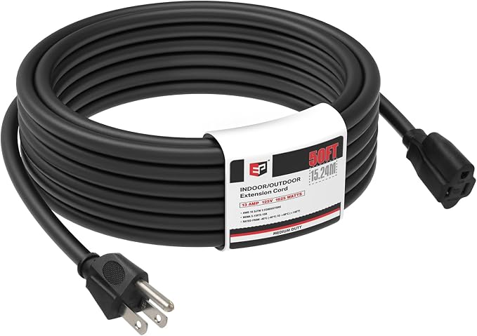 EP 50FT Black Outdoor Extension Cord, 16/3 SJTW Heavy Duty Waterproof, 3 Prong by ENERGYPRO