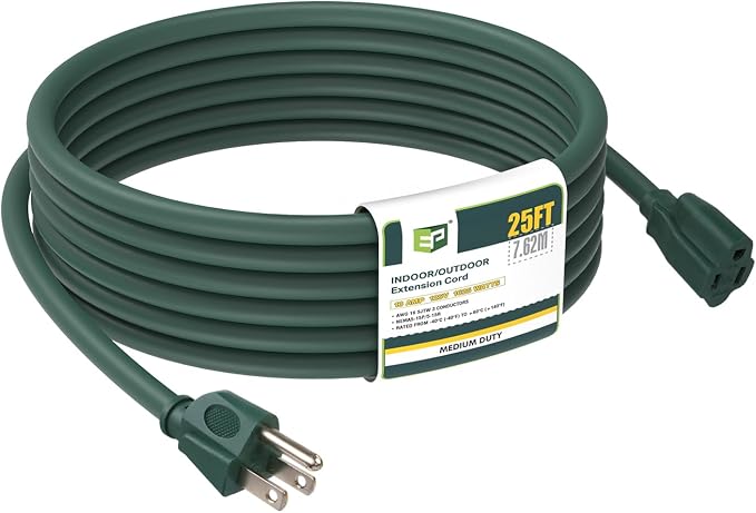 EP 25FT Green Outdoor Extension Cord, 16/3 SJTW Heavy Duty Waterproof, 3 Prong by ENERGYPRO