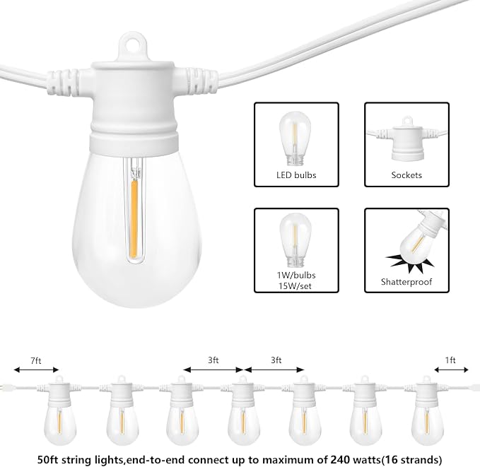 SUNTHIN Outdoor String Lights White, 3 * 50FT White Patio Lights - Image 2