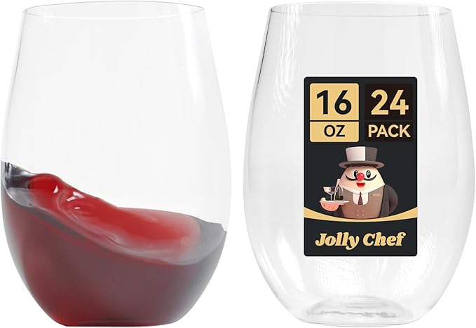 JOLLY CHEF 24 Pack 16oz Plastic Wine Glasses Stemless, Disposable Wine Cups by JOLLYCHEF