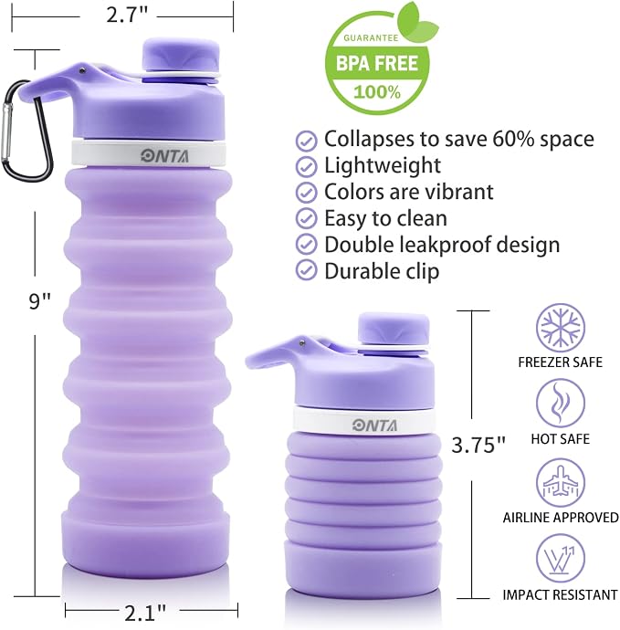 ONTA Collapsible BPA Free Silicone Water Bottle, 20oz - Image 3