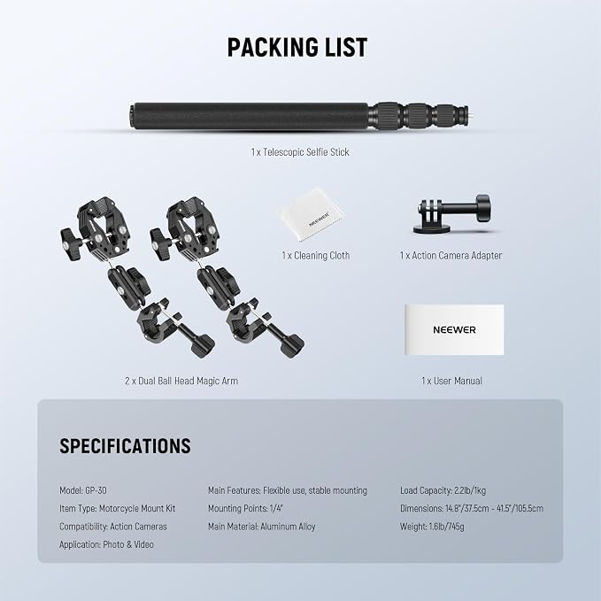 NEEWER Motorcycle Camera Mount Kit, Bicycle Handlebar Invisible Selfie Stick - Image 8
