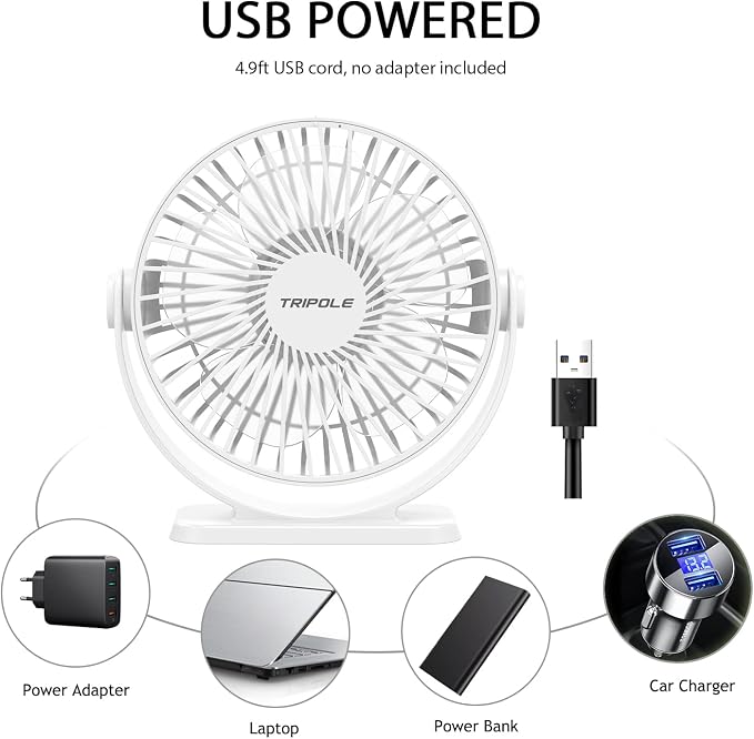 TriPole Small Desk Fan USB Powered Personal Fan 3 Speeds Strong Airflow Mini - Image 2