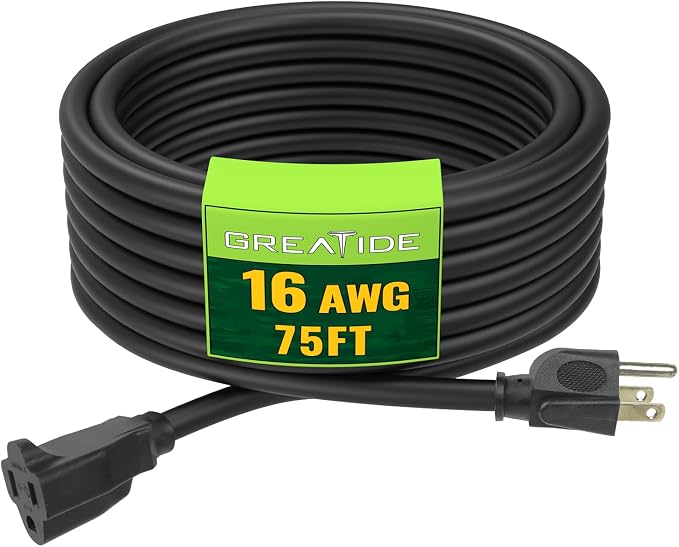 Indoor Outdoor Extension Cord 75 FT, 16/3 SJTW Weatherproof Black Electrical by GREATIDE