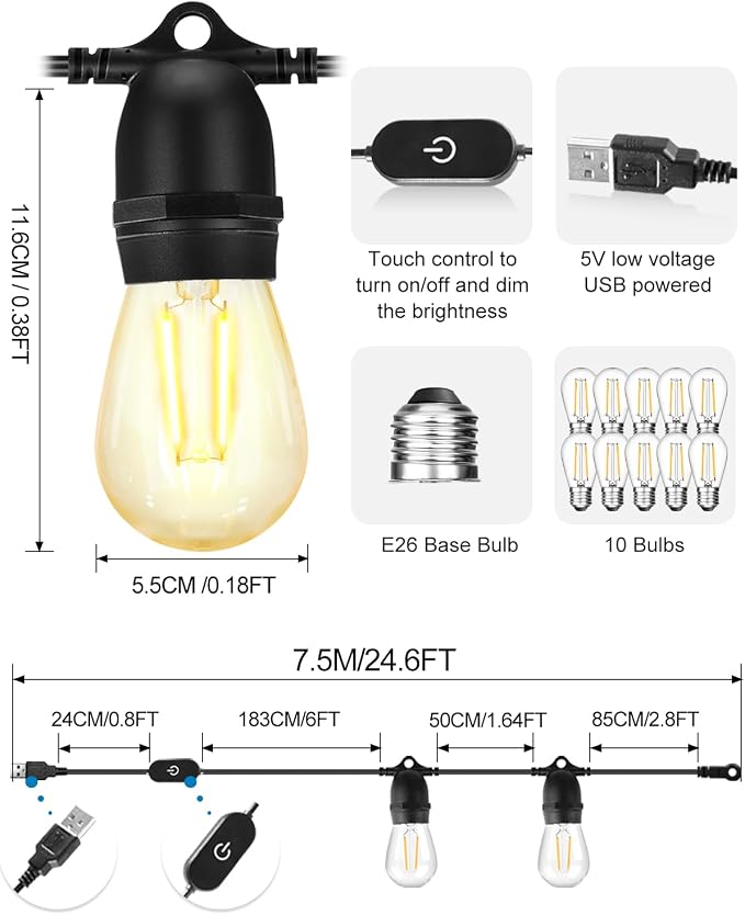 BRIMAX 24.6Ft USB Powered String Lights, 10 LED Bulbs Waterproof & Shatterproof - Image 5