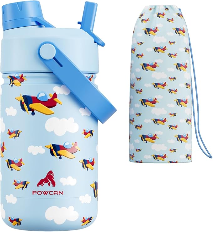 12 oz Kids Stainless Steel Water Bottle: 2-in-1 Straw Spout Lid, Easy Clean by POWCAN
