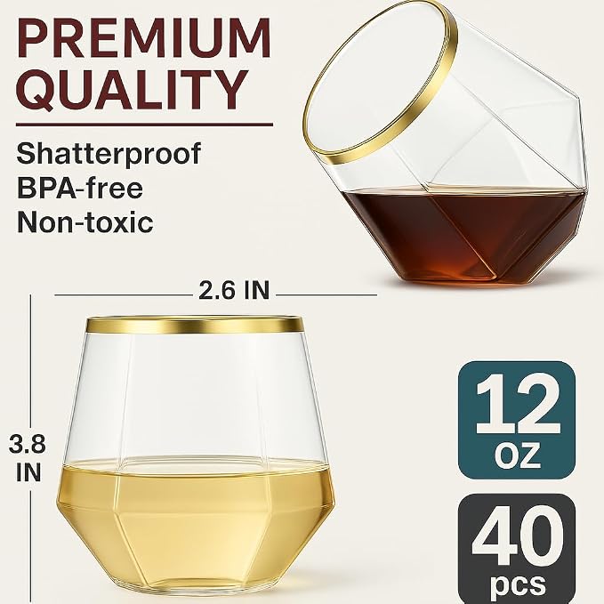 Oojami 40 count Diamond 12 Ounce Gold Rim Cups Unbreakable Stemless Plastic - Image 3