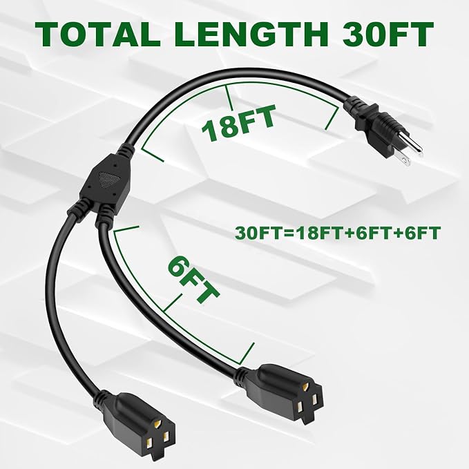 2 Way Power Extension Cord Splitter 30 Ft Total-3 Prong 1 to 2 Extension Cord - Image 2