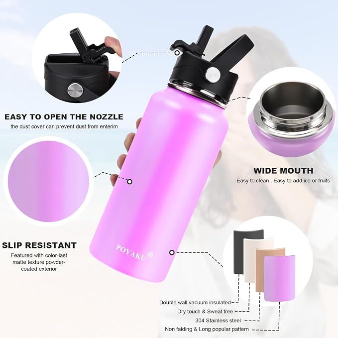Water Bottle Insulated 32oz 40oz 64oz 128oz Straw Lid Spout Lid & 3 Lids - Image 4