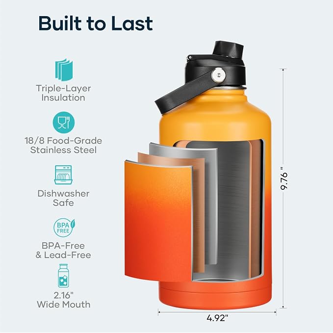 BUZIO 64oz Water Bottle, Triple Wall Insulated Stainless Steel Leakproof Half - Image 4