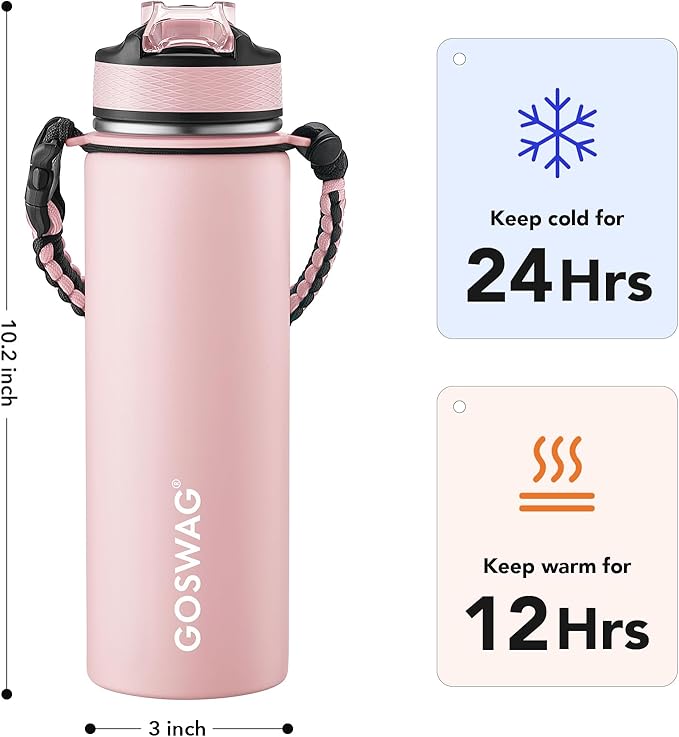 GOSWAG Insulated Sports Water Bottle, 24oz 2 Lids, Stainless Steel Water Bottles - Image 2