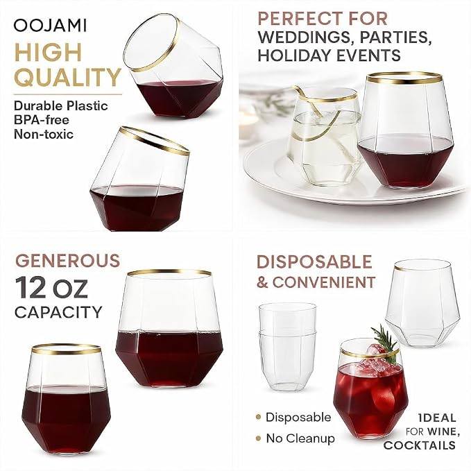 Oojami 40 count Diamond 12 Ounce Gold Rim Cups Unbreakable Stemless Plastic - Image 4