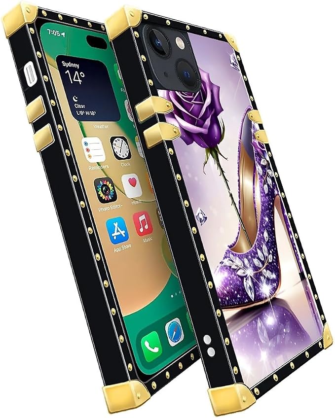 Compatible with iPhone 14 Case, High Heeled Purple Diamond Rose Luxury Golden - Image 3