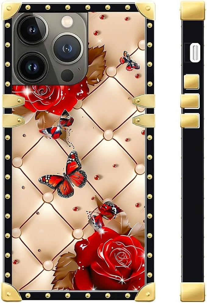 Compatible with iPhone 13 Pro Max Case, Shining Red Rose Butterfly Leather - Image 3