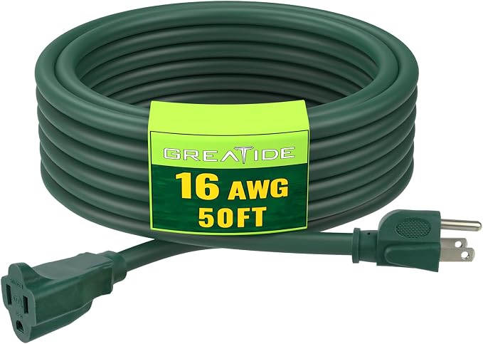 Indoor Outdoor Extension Cord 50 FT, 16/3 SJTW Weatherproof Green Electrical by GREATIDE