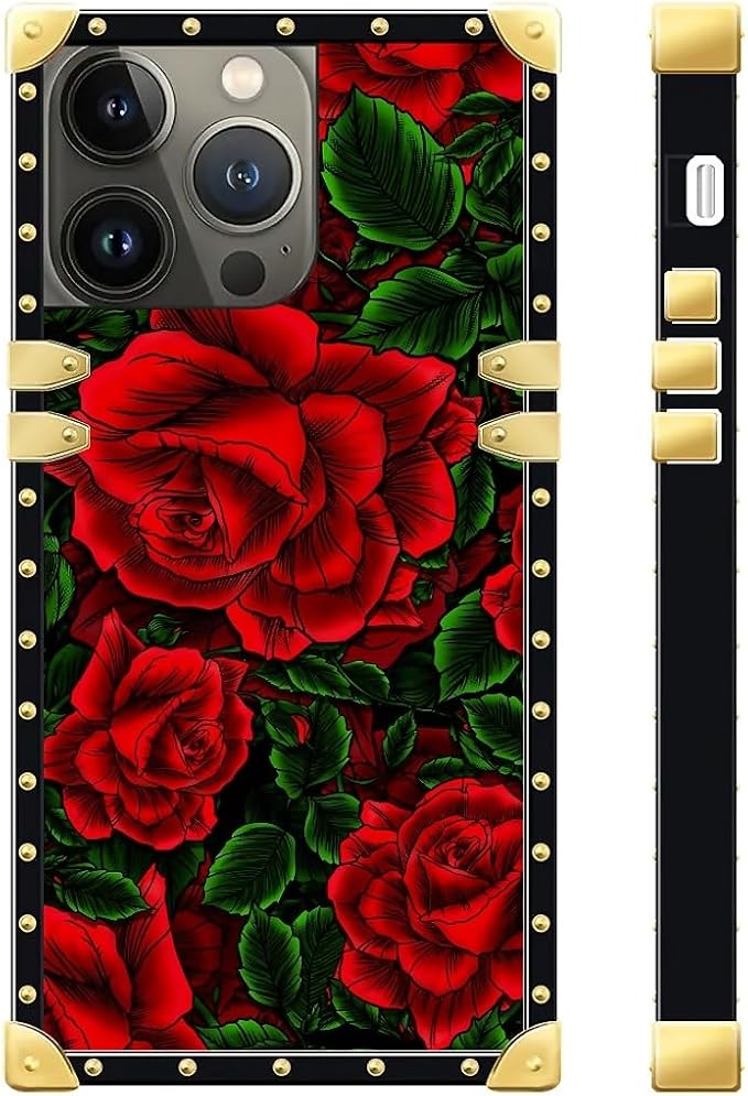 Compatible with iPhone 15 Pro Case, Vector Red Rose Green Leaf Luxury Golden - Image 3
