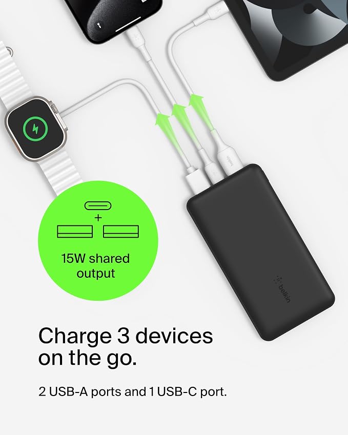 Belkin Portable Charger - 15W 3 Port Power Bank Battery Pack - Fast Charging - Image 5