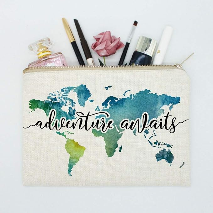 Travel Bag Adventure Awaits Makeup Case Cosmetic Bag Nature Linen World Map - Image 3