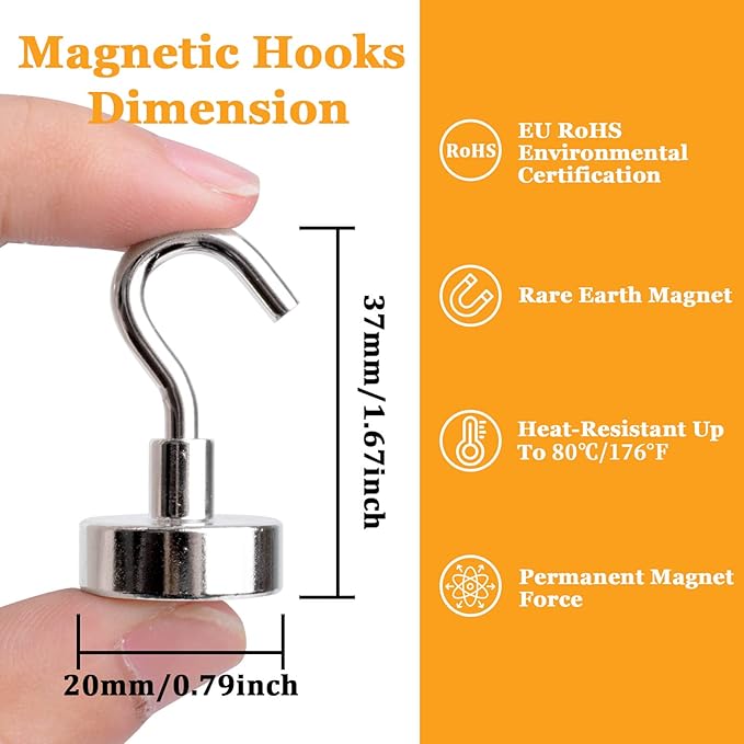 MIN CI Magnetic Hooks Heavy Duty, 35lb+ Strong Magnetic Wall Hooks - Image 2