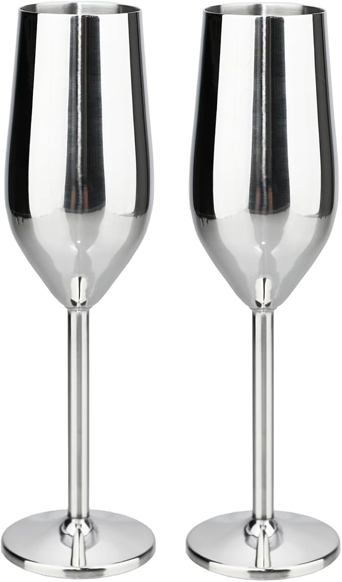 TJ Unbreakable 8 Oz Stainless Steel Champagne Flutes- Silver Champagne Glasses by TJ