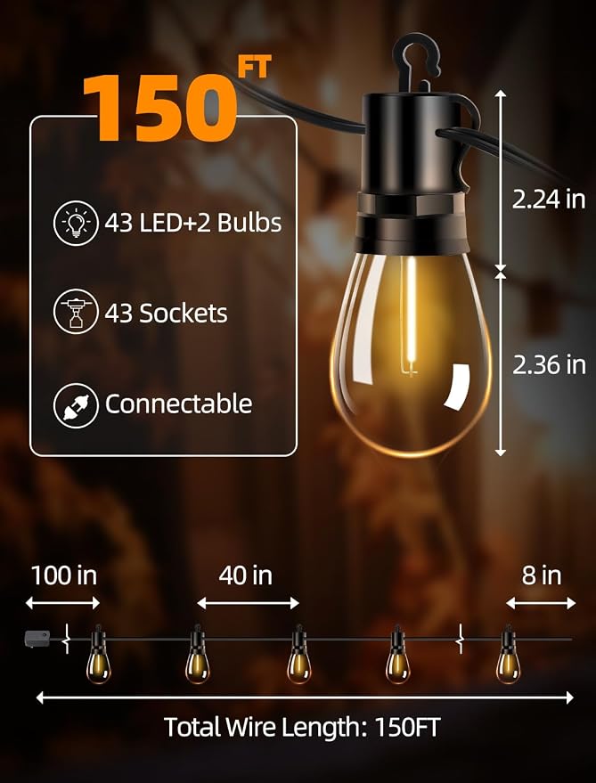 Outdoor Patio String Lights: S14 Shatterproof Bulb Outside Waterproof Light - - Image 6