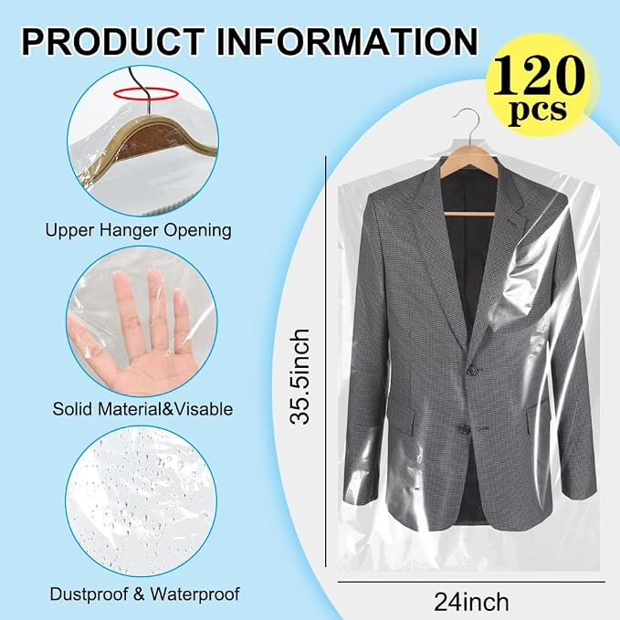 BEISHIDA 120PCS 35.5 Inch Plastic Garment Bag-Plastic Clear Dry Cleaner Laundry - Image 2